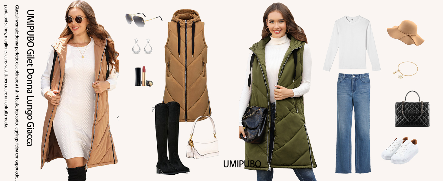 UMIPUBO Gilet Donna con Cappuccio Lungo Caldo Senza Maniche Casuale Giacca Donna Invernale 