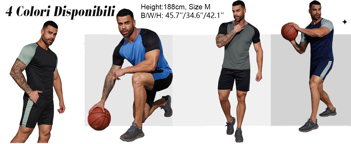 uomo Maniche Corte Pantaloncini set Traspirabilità Sportivi Estivi Fitness T-ShirtTasche e Coulisse