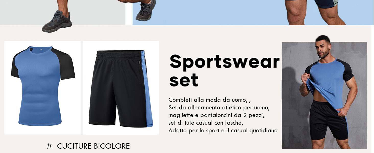 uomo Maniche Corte Pantaloncini set Traspirabilità Sportivi Estivi Fitness T-ShirtTasche e Coulisse